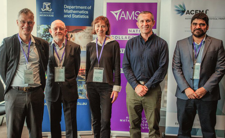 ACEMS Director Peter Taylor, Former AMSI Director Geoff Prince, ACEMS CI Kate Smit-Miles, Biarri Co-Founder Joe Forbes, and AMSI Optimise 2018 Organiser and ACEMS AI Alysson Costa