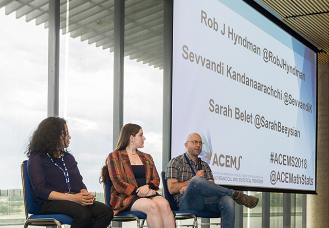 ACEMS Comms all-stars Sevvandi Kandanaarchchi, Sarah Belet and Rob Hyndman talk about their experiences with social media at the ACEMS annual retreat